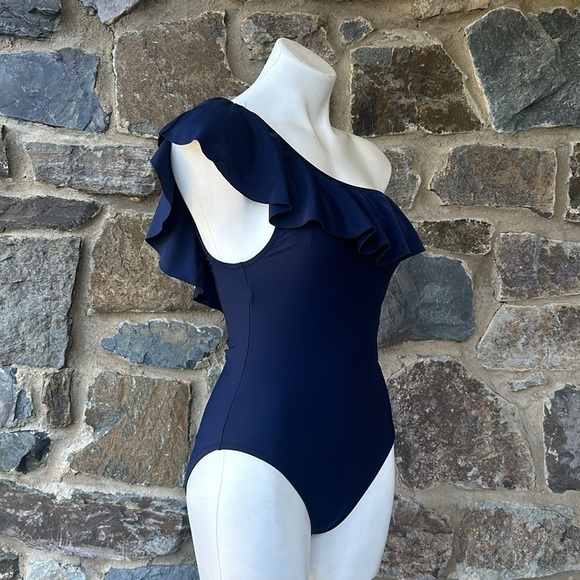 J. Crew Factory Women's One-Shoulder Ruffle Swimsuit Navy Blue Size M - Picture 2 of 7
